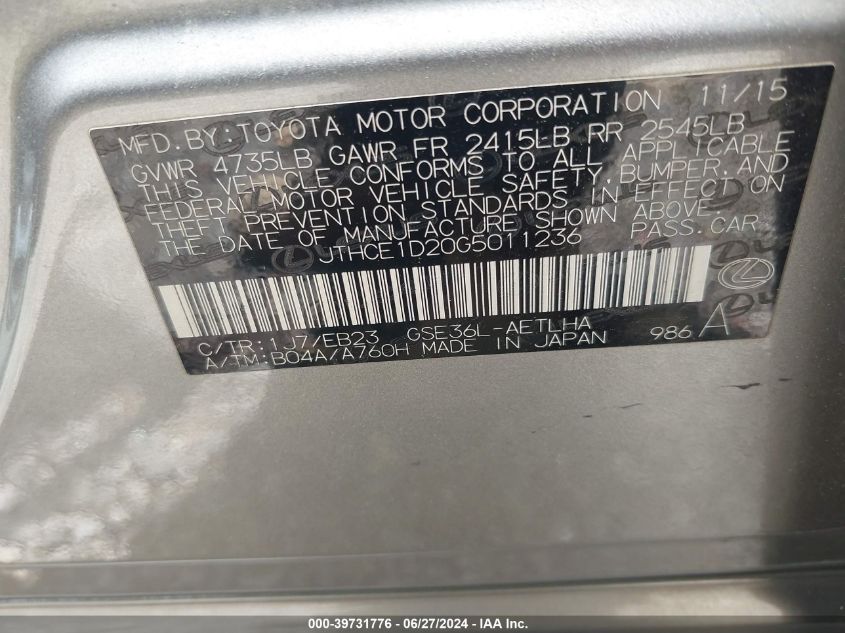 2016 Lexus Is 350 VIN: JTHCE1D20G5011236 Lot: 39731776