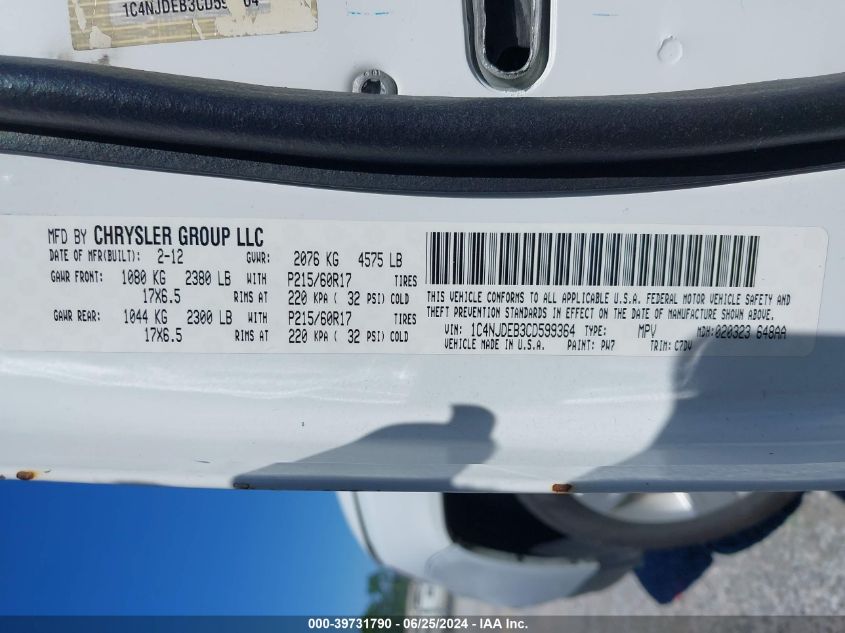 2012 Jeep Compass Latitude VIN: 1C4NJDEB3CD599364 Lot: 39731790