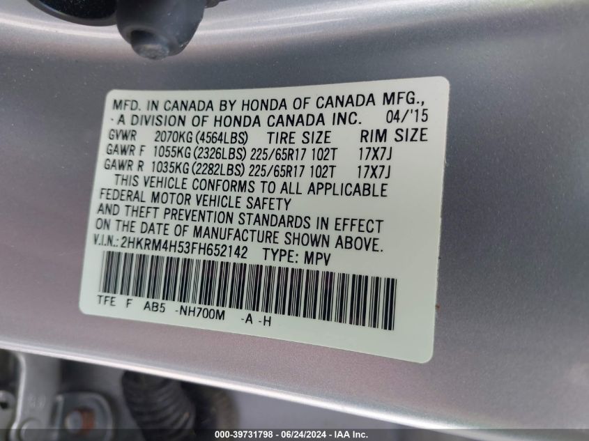 2015 Honda Cr-V Ex VIN: 2HKRM4H53FH652142 Lot: 39731798