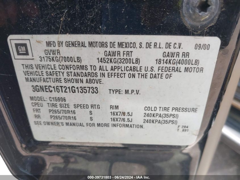 2001 Chevrolet Suburban 1500 Lt VIN: 3GNEC16T21G135733 Lot: 39731803