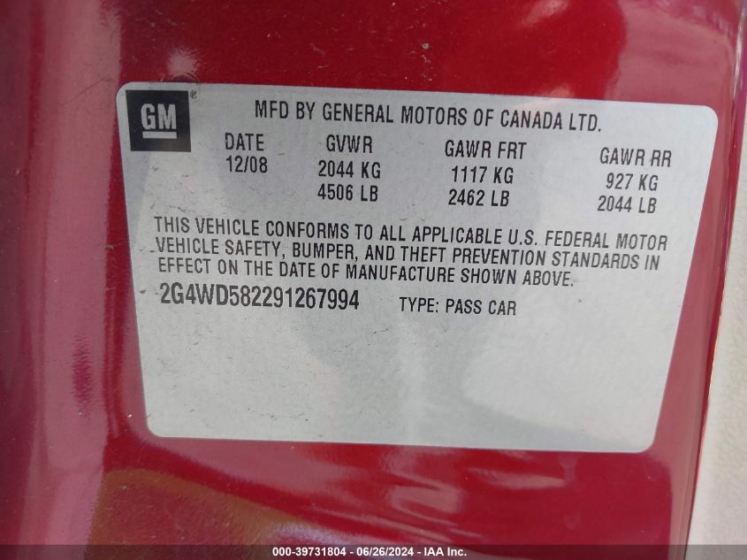 2009 Buick Lacrosse Cxl VIN: 2G4WD582291267994 Lot: 39731804