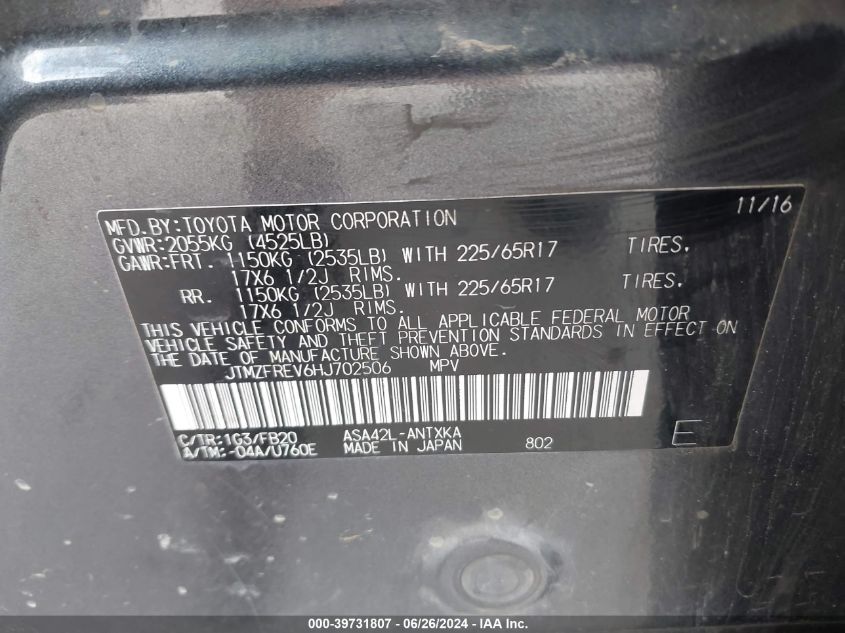 2017 Toyota Rav4 Le VIN: JTMZFREV6HJ702506 Lot: 39731807