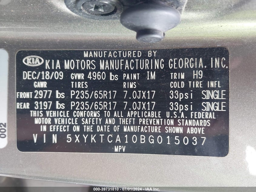 2011 Kia Sorento Lx VIN: 5XYKTCA10BG015037 Lot: 39731810