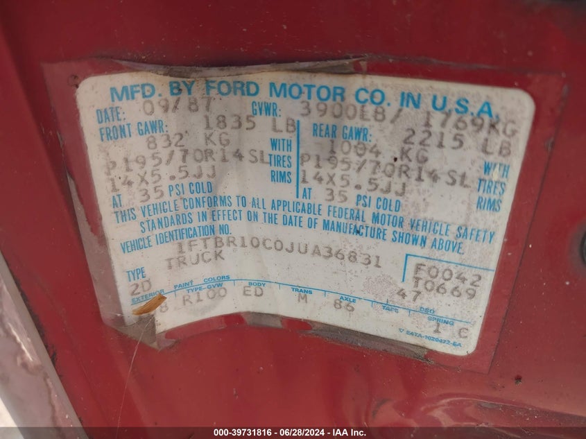 1988 Ford Ranger VIN: 1FTBR10C0JUA36831 Lot: 39731816