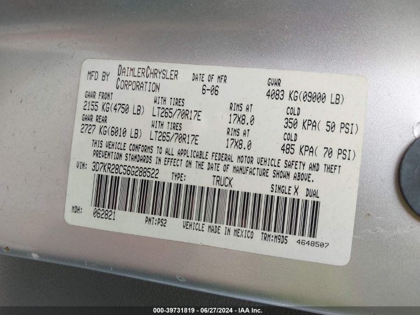 2006 Dodge Ram 2500 Slt/Sport VIN: 3D7KR28C56G288522 Lot: 39731819