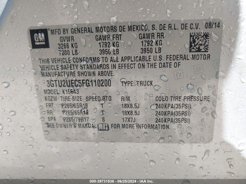 2015 GMC Sierra K1500 Sle VIN: 3GTU2UEC5FG110200 Lot: 39731836