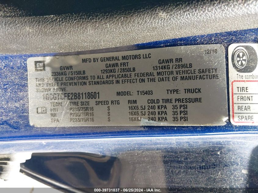 2011 Chevrolet Colorado Lt VIN: 1GCGTCFE2B8118601 Lot: 39731837