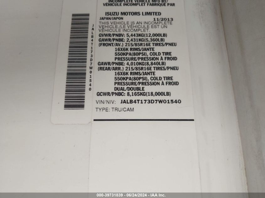2013 Isuzu Commercial Van VIN: JALB4T173D7W01540 Lot: 39731839