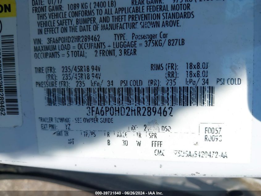 VIN 3FA6P0HD2HR289462 2017 FORD FUSION SE