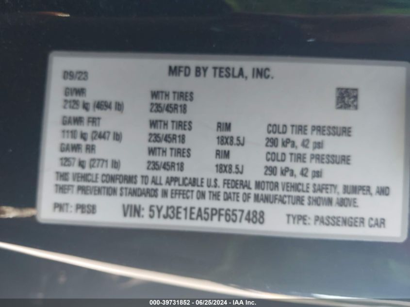 5YJ3E1EA5PF657488 2023 Tesla Model 3