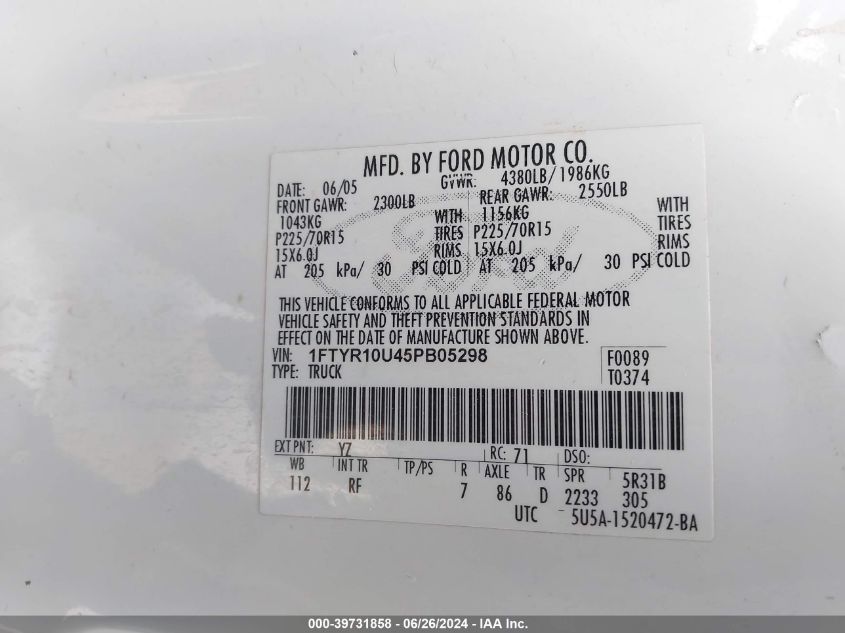 2005 Ford Ranger Edge/Stx/Xl/Xls/Xlt VIN: 1FTYR10U45PB05298 Lot: 39731858