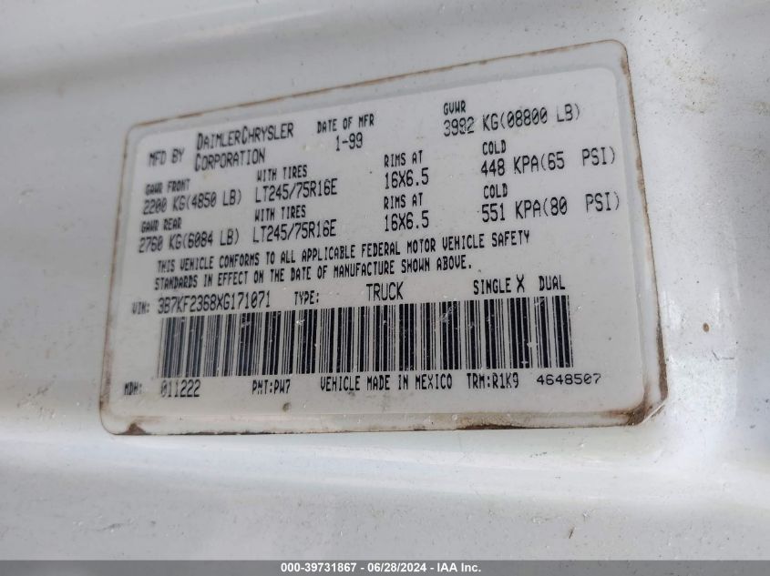 1999 Dodge Ram 2500 St VIN: 3B7KF2368XG171071 Lot: 39731867