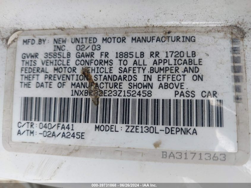 2003 Toyota Corolla Le VIN: 1NXBR32E23Z152458 Lot: 39731868