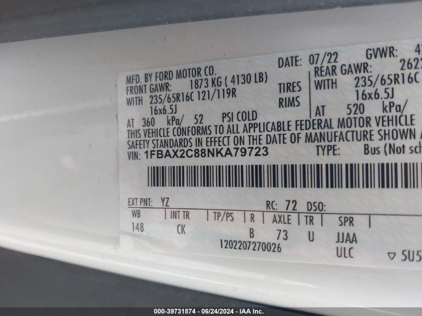 2022 Ford Transit-350 Passenger Van Xlt VIN: 1FBAX2C88NKA79723 Lot: 39731874