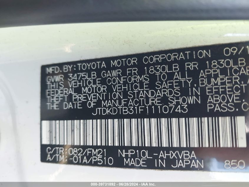 2015 Toyota Prius C VIN: JTDKDTB31F1110743 Lot: 39731892