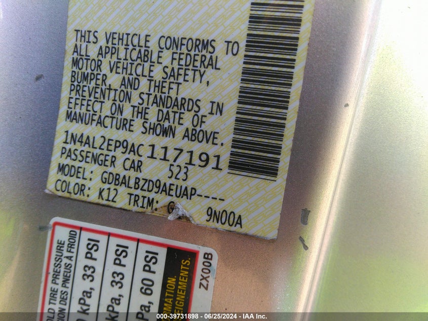 2010 Nissan Altima S VIN: 1N4AL2EP9AC117191 Lot: 39731898