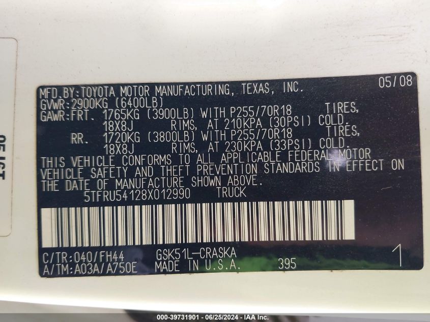 2008 Toyota Tundra Base V6 VIN: 5TFRU54128X012990 Lot: 39731901