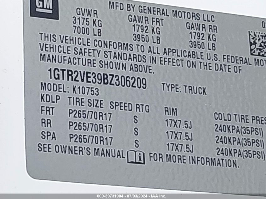 2011 GMC Sierra 1500 Sle VIN: 1GTR2VE39BZ306209 Lot: 39731904