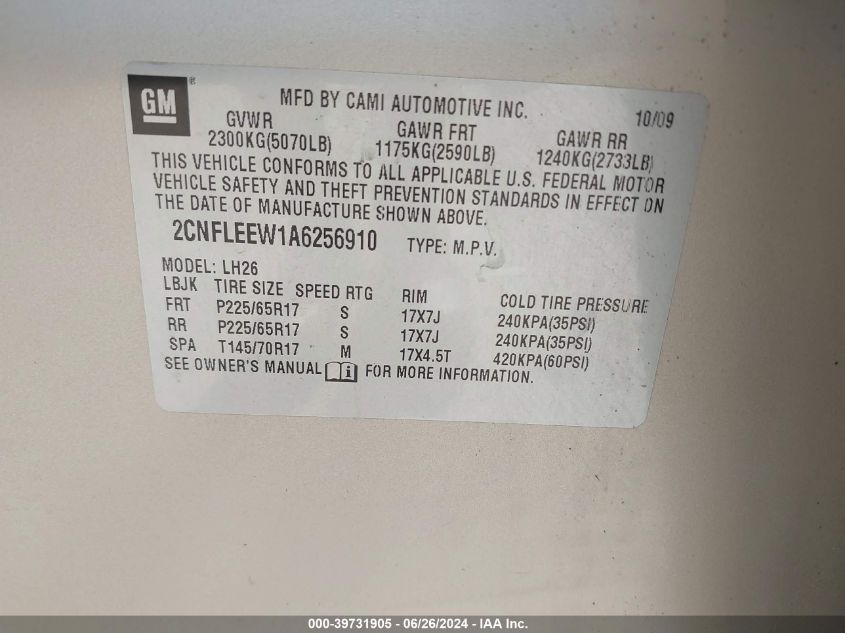 2010 Chevrolet Equinox Lt VIN: 2CNFLEEW1A6256910 Lot: 39731905