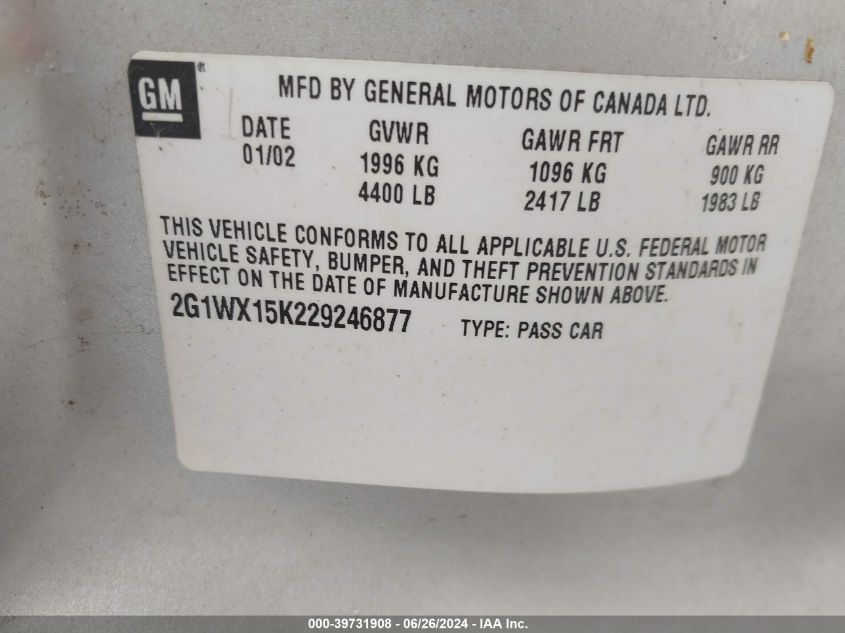2002 Chevrolet Monte Carlo Ss VIN: 2G1WX15K229246877 Lot: 39731908