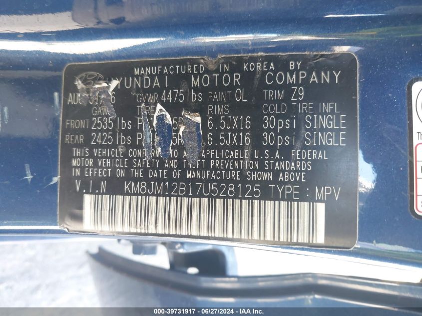 2007 Hyundai Tucson Gls VIN: KM8JM12B17U528125 Lot: 39731917