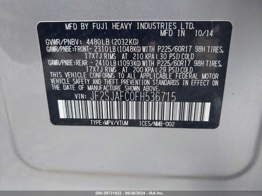2015 Subaru Forester 2.5I Premium VIN: JF2SJAFC0FH536715 Lot: 39731922
