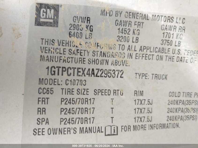 2010 GMC Sierra 1500 Work Truck VIN: 1GTPCTEX4AZ295372 Lot: 39731925