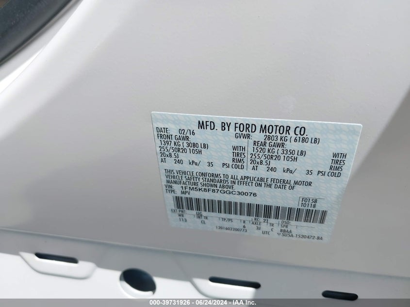 2016 FORD EXPLORER LIMITED - 1FM5K8F87GGC30076