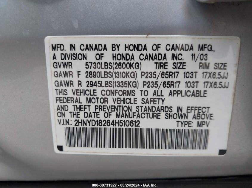 2HNYD18264H510612 2004 Acura Mdx