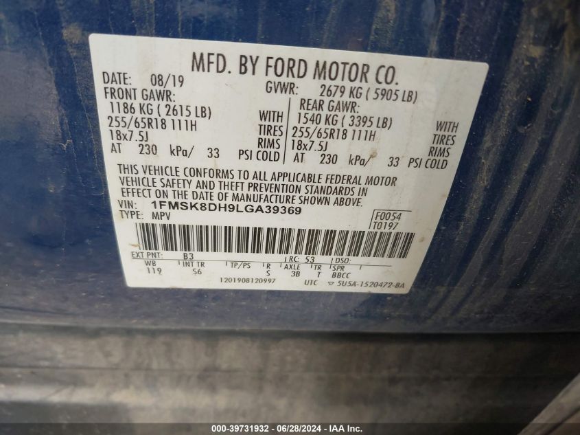 2020 Ford Explorer Xlt VIN: 1FMSK8DH9LGA39369 Lot: 39731932