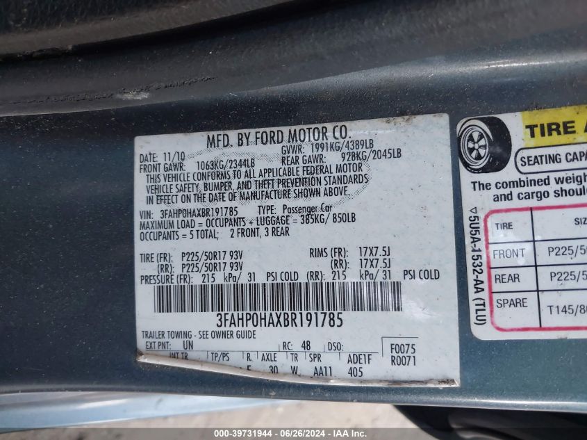 2011 Ford Fusion Se VIN: 3FAHP0HAXBR191785 Lot: 39731944