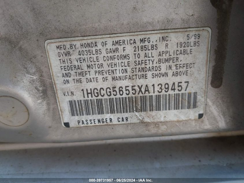 1999 Honda Accord Ex VIN: 1HGCG5655XA139457 Lot: 39731957