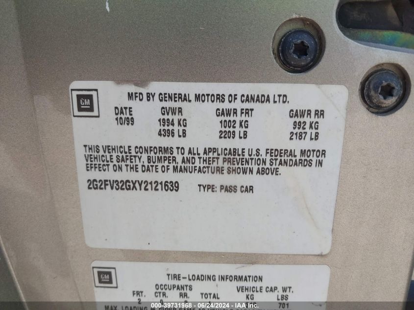 2000 Pontiac Firebird Trans Am VIN: 2G2FV32GXY2121639 Lot: 39731968