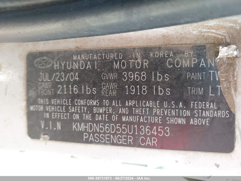 2005 Hyundai Elantra Gls/Gt VIN: KMHDN56D55U136453 Lot: 39731973