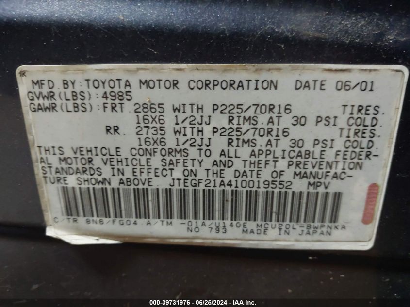 2001 Toyota Highlander V6 VIN: JTEGF21A410019552 Lot: 39731976