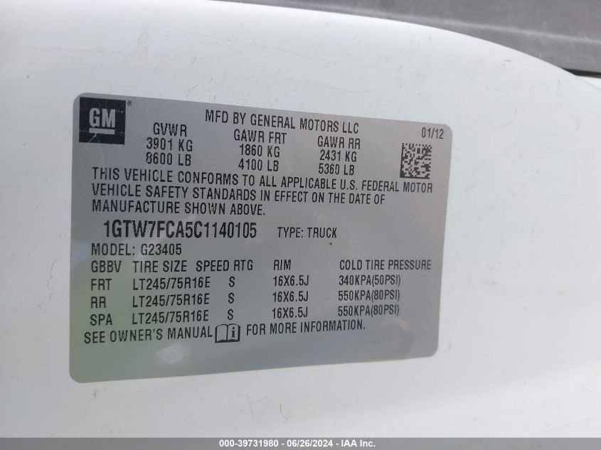 2012 GMC Savana 2500 Work Van VIN: 1GTW7FCA5C1140105 Lot: 39731980