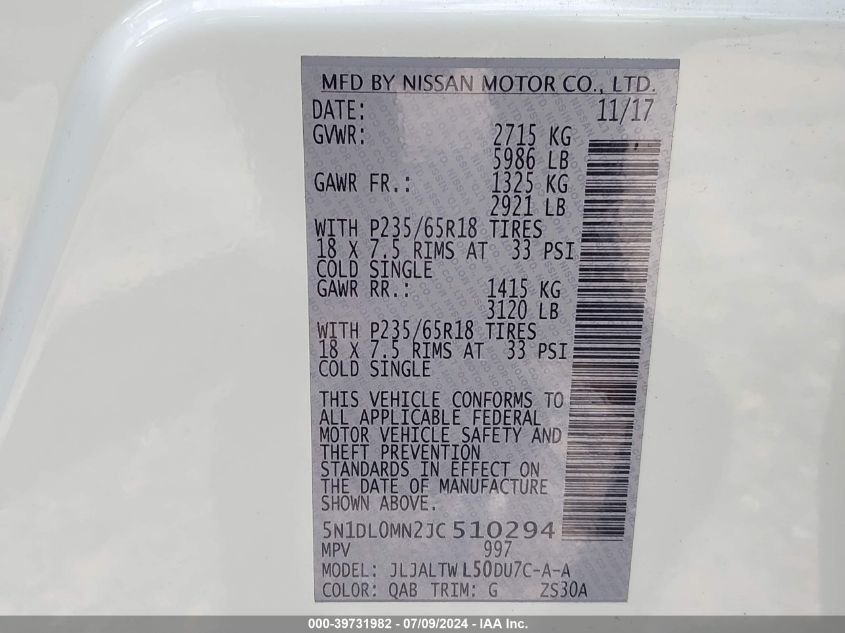 2018 Infiniti Qx60 VIN: 5N1DL0MN2JC510294 Lot: 39731982