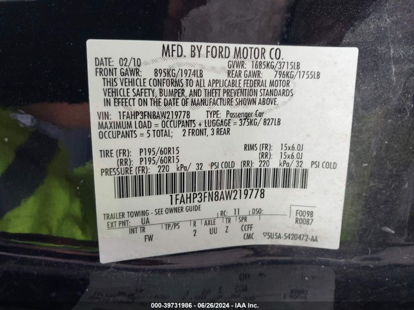 2010 Ford Focus Se VIN: 1FAHP3FN8AW219778 Lot: 39731986