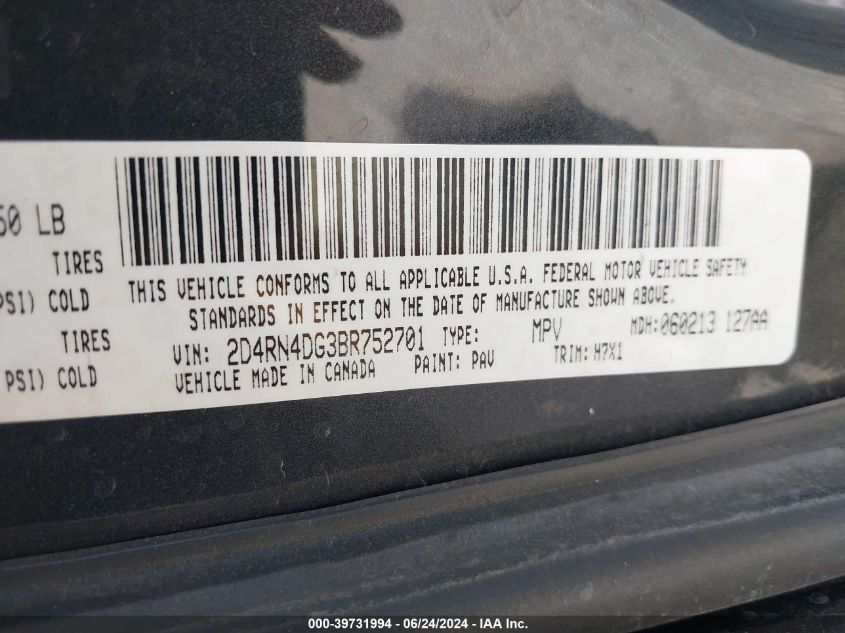 2011 Dodge Grand Caravan Express VIN: 2D4RN4DG3BR752701 Lot: 39731994