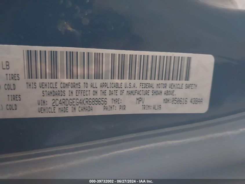 2019 Dodge Grand Caravan Gt VIN: 2C4RDGEG4KR689656 Lot: 39732002