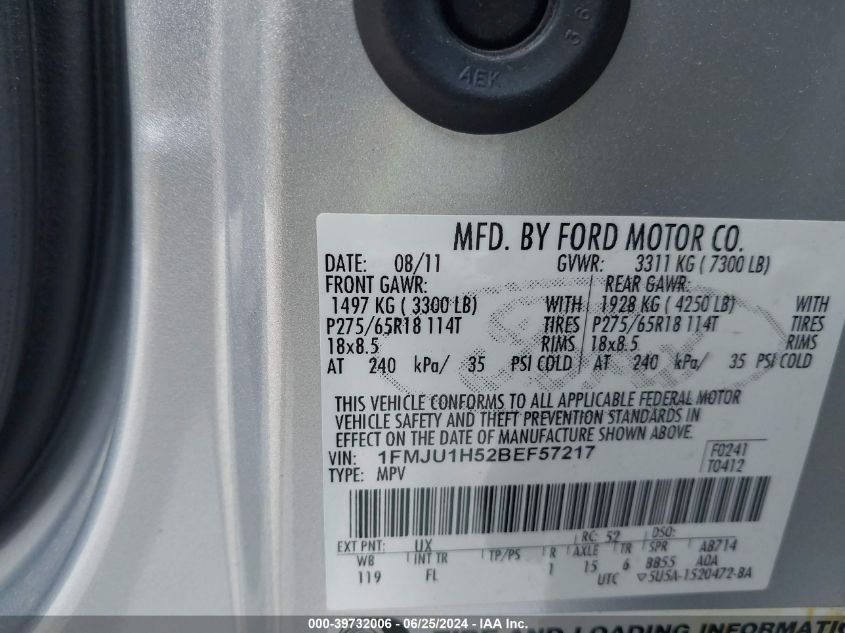 2011 Ford Expedition Xlt VIN: 1FMJU1H52BEF57217 Lot: 39732006