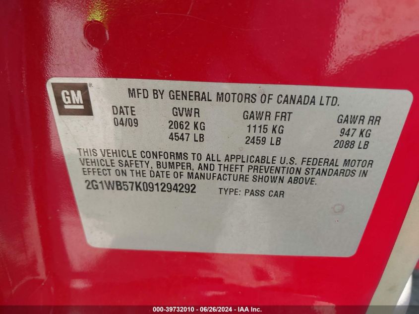 2009 Chevrolet Impala Ls VIN: 2G1WB57K091294292 Lot: 39732010