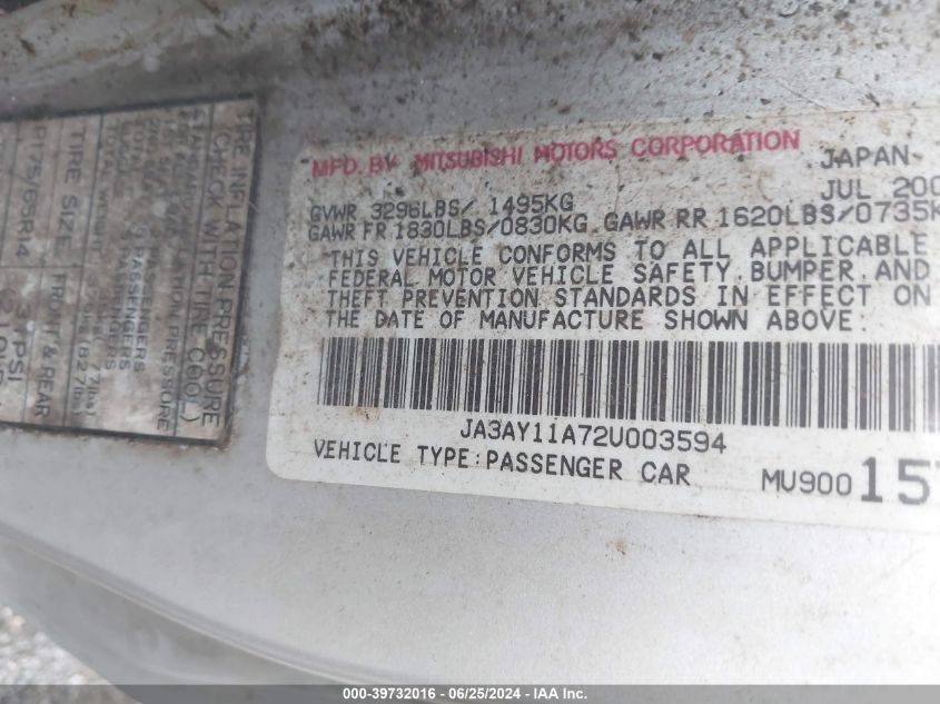 2002 Mitsubishi Mirage De VIN: JA3AY11A72U003594 Lot: 43268501
