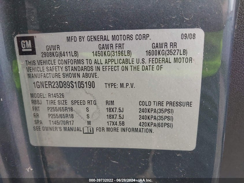 2009 Chevrolet Traverse Lt VIN: 1GNER23D89S105190 Lot: 39732022