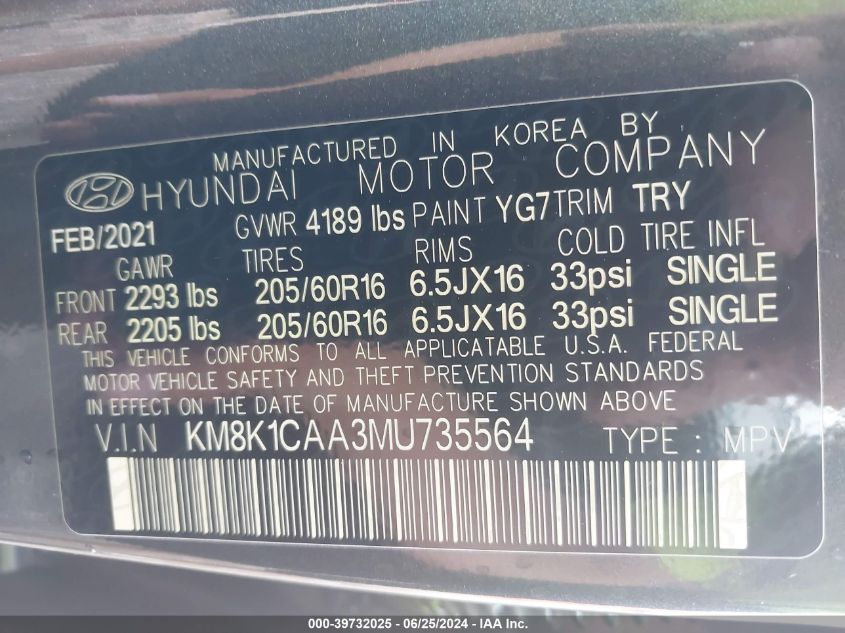 2021 Hyundai Kona Se VIN: KM8K1CAA3MU735564 Lot: 39732025