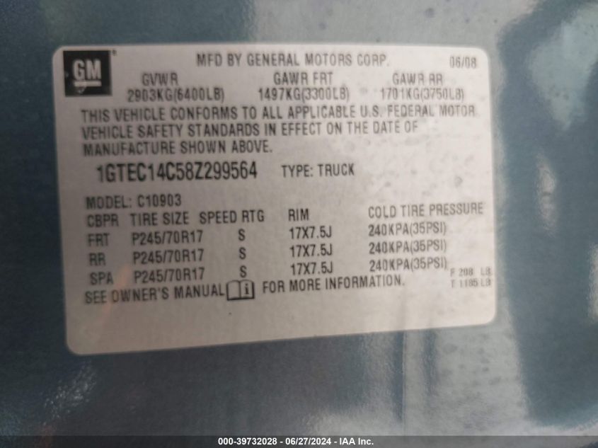 2008 GMC Sierra 1500 Work Truck VIN: 1GTEC14C58Z299564 Lot: 39732028
