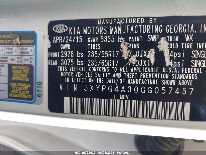 2016 Kia Sorento Lx/L VIN: 5XYPG4A30GG057457 Lot: 39732033