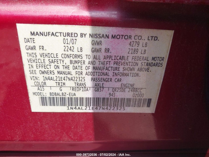 2007 Nissan Altima 2.5 S VIN: 1N4AL21E47N422325 Lot: 39732036