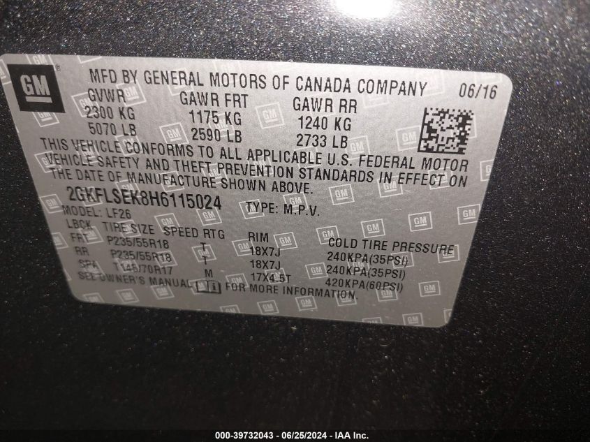 2017 GMC Terrain Sle-1 VIN: 2GKFLSEK8H6115024 Lot: 39732043