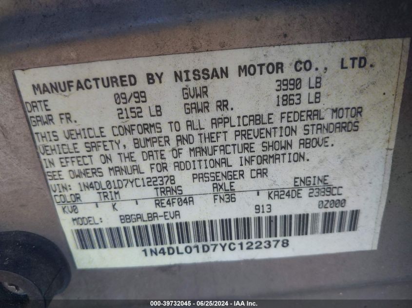 2000 Nissan Altima Gle/Gxe/Se/Xe VIN: 1N4DL01D7YC122378 Lot: 39732045